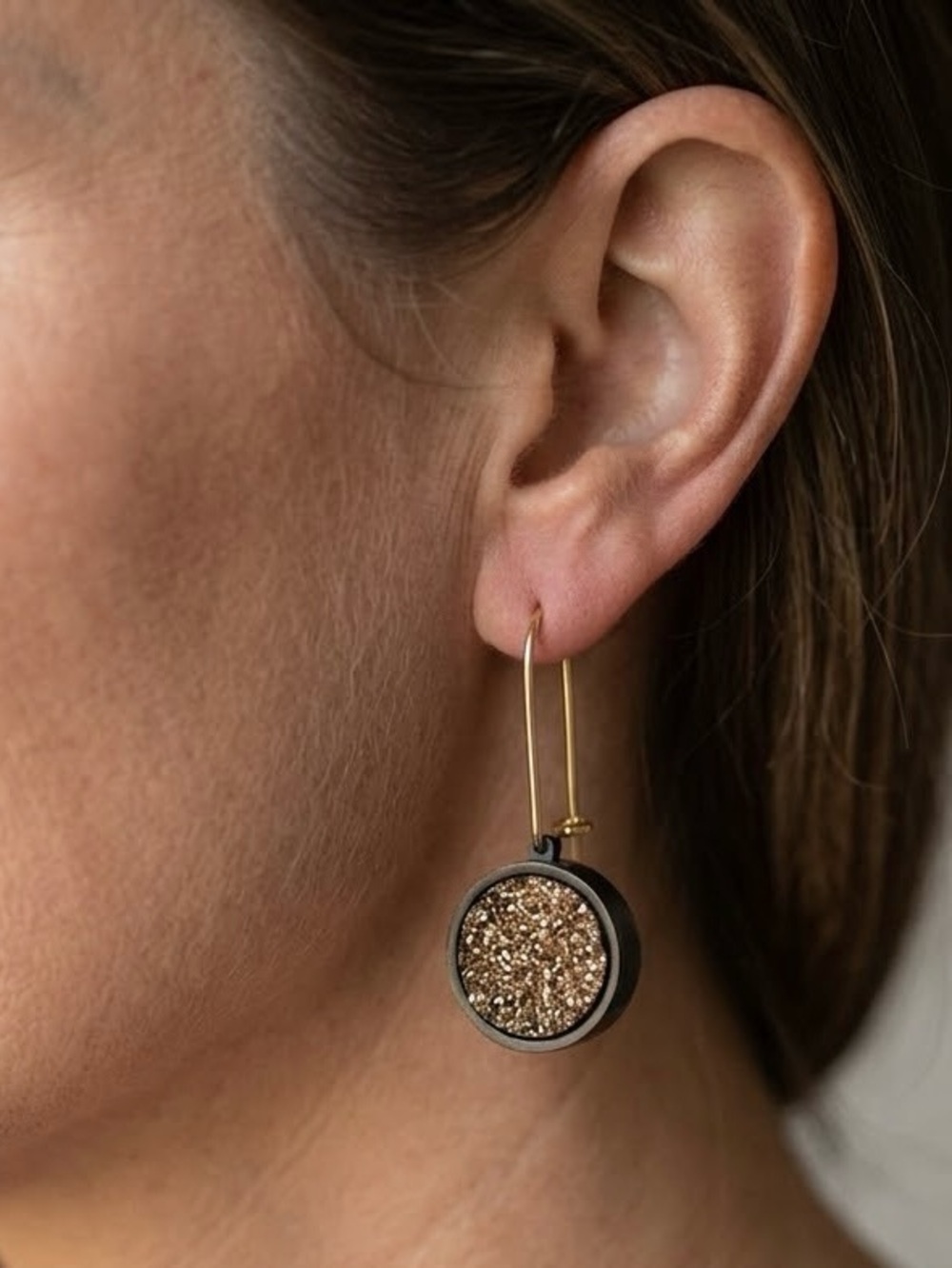 Minimalist Gold & Black Faux Druzy Dangle Earrings
